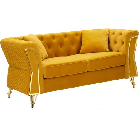 Canapé Emy moutarde avec coussins, dimensions : 162 x 83 x 76 cm (1/5)