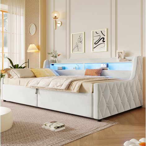Lit coffre 90x200 cm avec LED et tête de lit, en velours, blanc cassé, sans matelas (1/5)