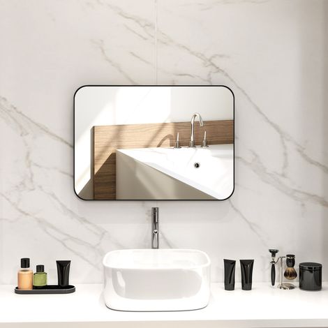 Miroir de salle de bain, miroir mural, film incassable, cadre en métal, 50 x 70 cm, noir (1/5)