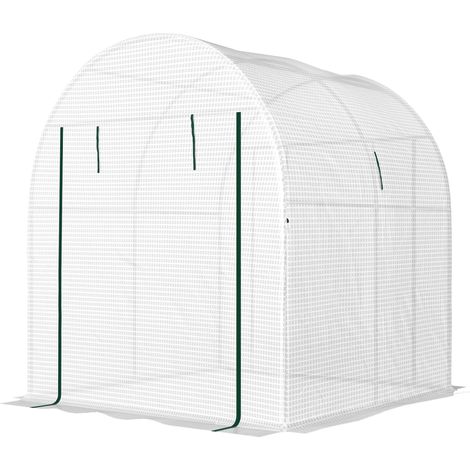 Serre tunnel de 1,8 x 1,8 x 2 m en acier et polyéthylène résistant aux UV pour potager, avec portes et fenêtres à enroulement, blanche
