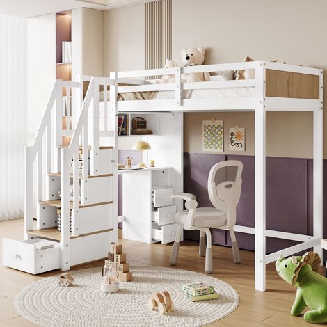 Hochbett 90x200 cm mit Schreibtisch, offenen Regalen und integriertem Stauraum, Sicherheitsbarriere, Einzelbett aus Holz - Weiß (1/5)
