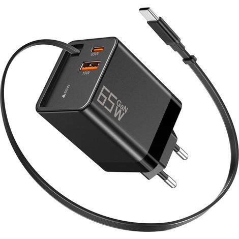 GaN Chargeur USB C 65 W avec câble de charge rétractable (0,7 m), chargeur rapide à 3 ports, compatible avec MacBook Pro/Air, iPhone 17 Pro/Air/16/15, iPad, Galaxy S25/S24, Steam Deck, etc (1/5)