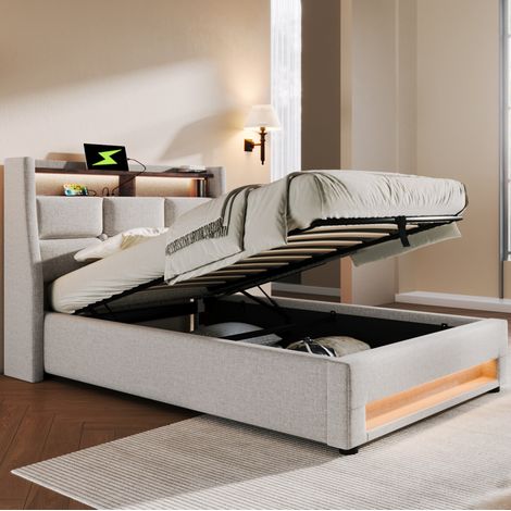 Letto con contenitore in tessuto di lino beige 90x200 cm con LED, USB e rete a doghe inclusa (1/5)
