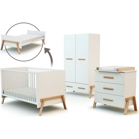 AT4 - Chambre bébé lit, commode à langer 3 Tiroirs + armoire en bois (1/5)