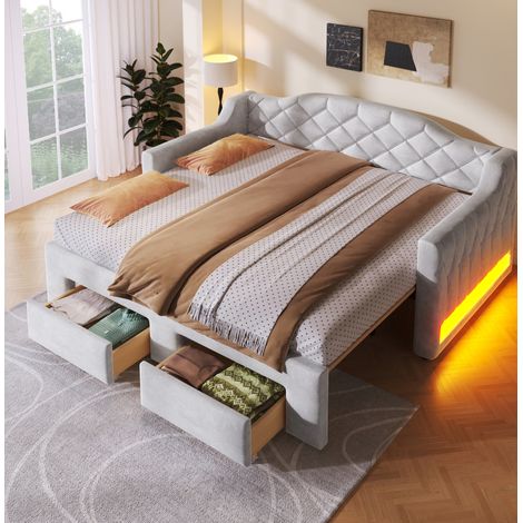 Lit banquette rembourré gris 90x200 cm extensible 180x200 cm avec 2 tiroirs, LED latérales et tête de lit