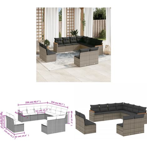 11-tlg. Garten-Sofagarnitur mit Kissen Grau Poly Rattan - Gartenmöbel - Rattan Möbel - Outdoor Sofa - Lounge Set - Esszimmergarnitur - Home & Living (1/3)