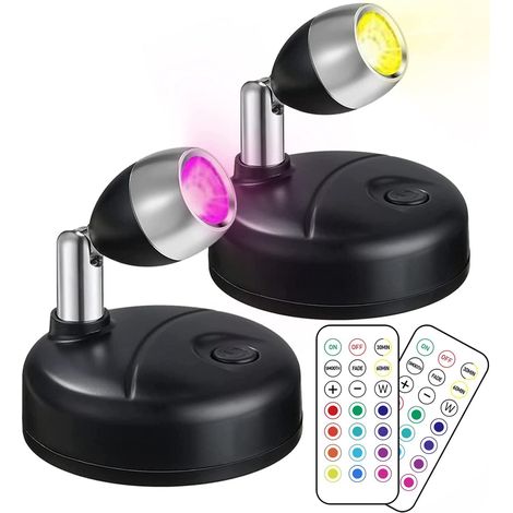 Mini RVB Spot LED Sans Fil Avec Télécommande - Projecteur à Pile 13 Couleurs - Éclairage Intérieur pour Peinture, Art, Armoire-2 Pack Noir (1/5)