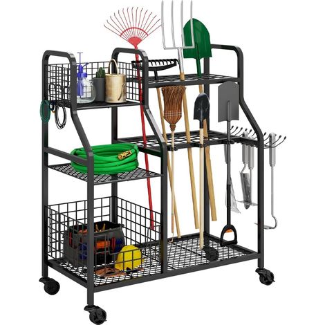 Rangement d'outils de jardin à roulettes 3 niveaux garage robuste noir max Solide acier massif, 4 roues dont 2 freinables, crochets pour longs outils, dimensions 91x41x93cm, usage cave/atelier/maison (1/5)