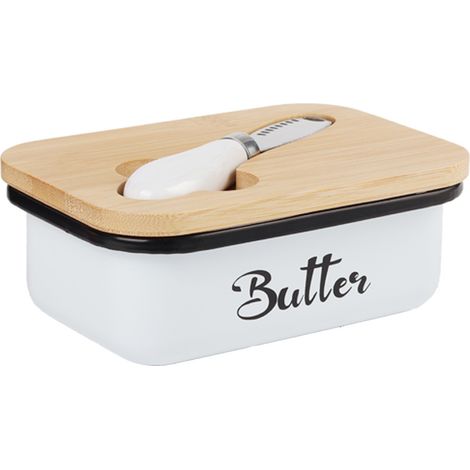 Beurrier - Beurrier avec couvercle - Boîte à beurre - Récipient à beurre - Boîte à fromage - Avec couteau à beurre - Double joint en silicone - Blanc - Métal (1/5)