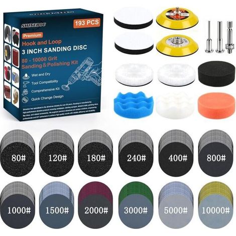 Disque Abrasif 75mm 193 Pièces Renovateur Phare Voiture Disques a Poncer Papier Abrasif à l'eau et à sec Disque Poncage pour Dremel