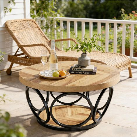 Table basse ronde 80x80x42,5 cm en bois et métal noir/marron, avec rangement pour salon FloraGrace (1/5)