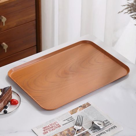 Plateau - Grains De Bois Imité - Rectangulaire - En Plastique - Pour Thé Café Fruits Apéritif - 1 Pièce (1/2)