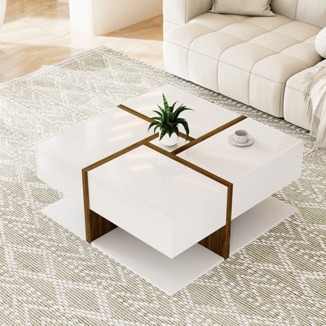 Table basse carrée en panneaux de particules blanc brillant et décor bois 78 cm avec 4 tiroirs (1/5)
