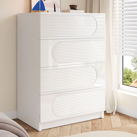 Buffet moderne 60x38.5x85 cm - Meuble de rangement avec 4 tiroirs - Finition brillante - MDF + panneaux de particules - Blanc