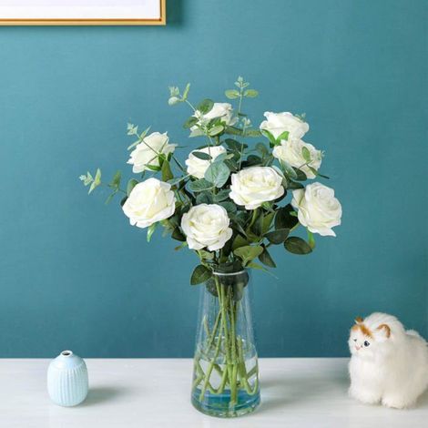 Fleurs Artificielles - - 12 Roses Blanches - Soie - 21 pouces - Aspect Réaliste (1/5)