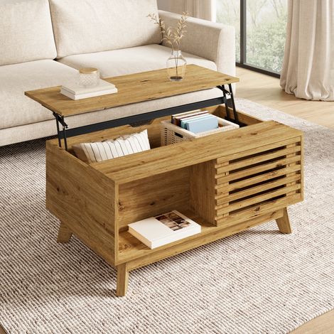 Tavolino da caffè moderno in stile retrò, piano regolabile in altezza, anta scorrevole a persiana, effetto legno, struttura in MDF, tavolo multifunzionale per soggiorno. (1/5)
