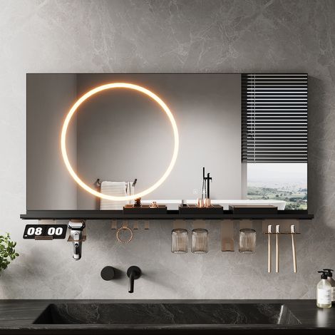SIRHONA Anti-Fog Mirror lumineux de salle de bain with avec support de rangement, réglable en 3 couleurs, cadre noir élégant, 120x60cm