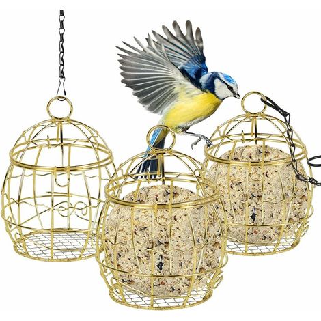 Or - Mangeoire à oiseaux, set de 3 mangeoires à oiseaux sphériques suspendues, mangeoire à oiseaux en métal résistante aux écureuils, mangeoire à oiseaux d'extérieur pour petits oiseaux sauvages (1/5)