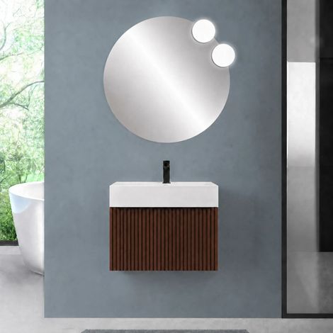 Mobile bagno sospeso 80 cm noce maya con un cassetto e lavabo alto in resina Nara (1/5)
