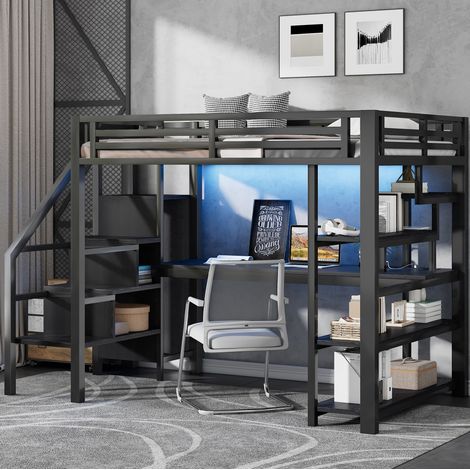 Cama alta juvenil con escritorio armario LED negro hogar OKMYHOME (1/5)