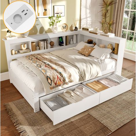 Lit daybed moderne 140x200 cm en pin et MDF blanc, 2 tiroirs, rangements latéraux, prise et 2 USB, sommier à lattes (1/5)