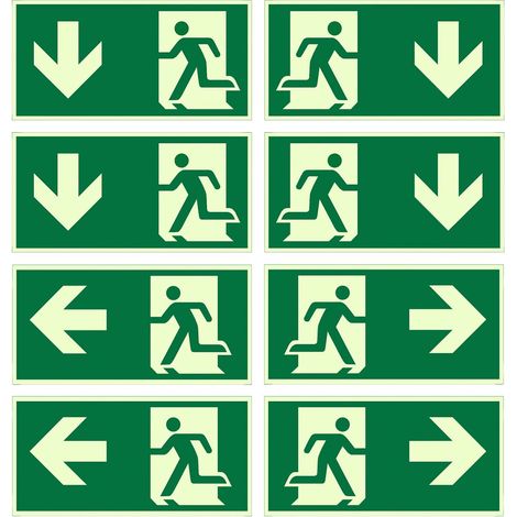 Lot de 8 Panneaux de Sortie de Secours Phosphorescents 300x150 mm – PVC Autocollant avec Flèches (Gauche, Droite, Bas) – Signalétique Photoluminescente de Sécurité pour Bureaux, Hôtels et Commerces
