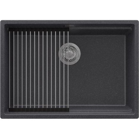 PRIMAGRAN Evier Cuisine en Granit 66x47cm,Lavabo 1 bac + Kit de Vidage + Égouttoir Enroulable, Évier à Encastrer au meuble 70cm - Prague Slim, Graphite (1/5)