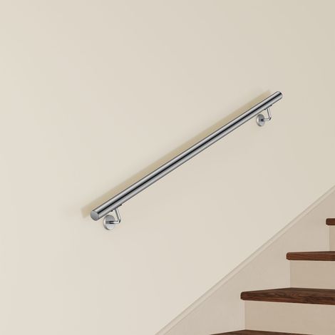 Main Courante Murale pour Escalier en Inox 304 argent - Rampe Escalier 150 cm avec Supports Fixation et Embouts Inclus - Usage Intérieur & Extérieur