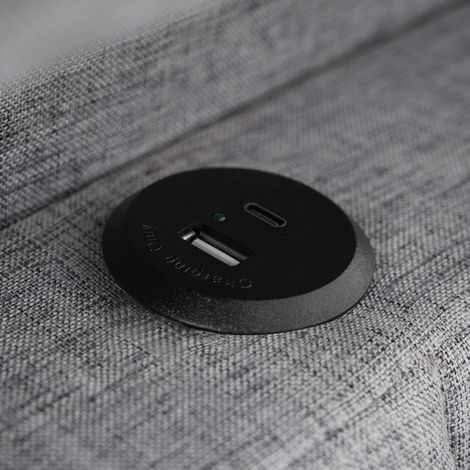 Lit coffre tissu lin avec LED, USB-C et coffre hydraulique, tête de lit design (1/5)