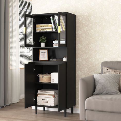 Libreria Alta con 4 Ante e 2 Ante in Vetro, Ripiano Regolabile, Stile Moderno, in MDF Laccato, Nero (1/5)