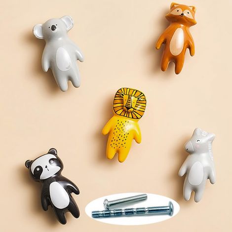 Set mit 5 Keramik-Türknöpfen mit niedlichem Tiermotiv für Kinderzimmer, inklusive Schrauben