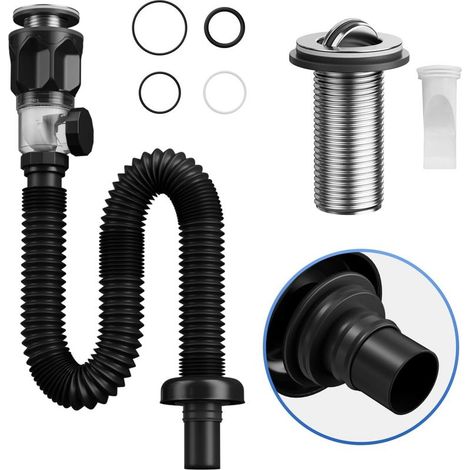 Ablaufset für Waschbecken mit flexiblem, ausziehbarem Siphon-Ablaufschlauch. Geruchsneutraler Ablaufschlauch für Waschbecken mit 1-1/4"- und 1-1/2"-Ablauföffnungen. (1/5)