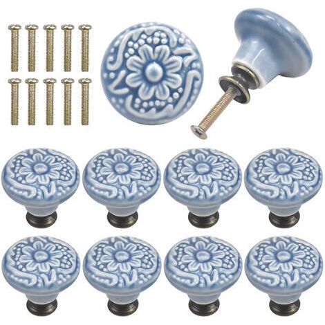 10 Pcs Boutons de Tiroir en Céramique Poignée Porte de Meuble Ronde Gravure Vintage avec Vis Bleu (1/4)