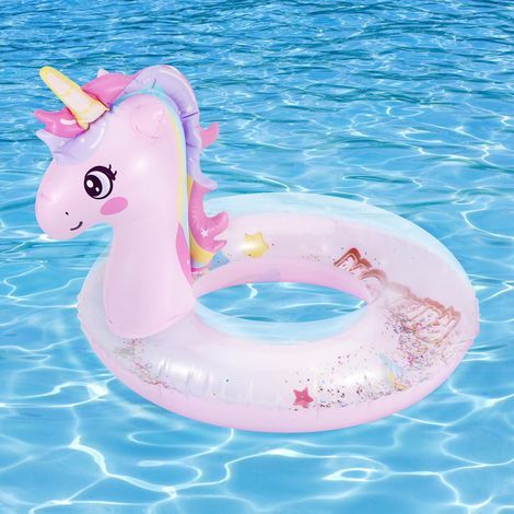 Bouée gonflable licorne à paillettes, jouet de natation gonflable rose pour enfants, idéale pour la plage, la piscine et les fêtes en extérieur. (1/5)