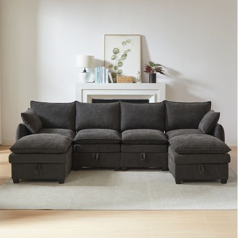 Canapé d'angle modulable avec rangement, en chenille gris, 5 à 6 places, 281x147x89 cm (1/5)