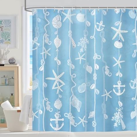 Rideau de Douche Thème Océan 180x180cm, Bleue Étoiles de Mer Rideaux de Douche pour Baignoire et Bain, Tissu Polyester Imperméable Anti Moisissure Lavable avec 12 Crochets (1/4)