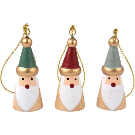 3 Pères Noël en bois à suspendre rouge, gris, vert - 2 x 3,5 cm