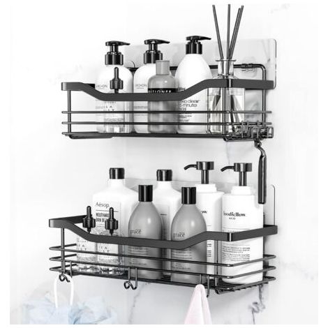 Étagère de douche, étagère de rangement, sans perçage, fixation murale, acier inoxydable, avec crochets, noir, lot de 2 (1/4)
