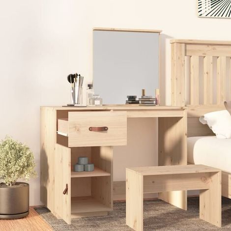Coiffeuse en Bois Massif de Pin, 95x50x134 cm, Table de Toilette avec Miroir et Tiroirs de Rangement, Meuble de Chambre à Coucher Style Rustique (1/5)