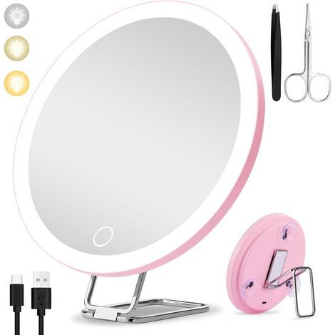 Miroir grossissant avec lumière 30X, 15cm 3 Modes de Couleur Dimming Miroir de Maquillage Lumineux 30X, Grand Miroir Grossissant de Voyage Rechargeable avec 3 Ventouses et Support de Table 360°