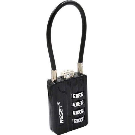 Cadenas à combinaison avec câble, 4 chiffres, 3 mm, 12 cm, x1 Contient 1 cadenas. Longueur 12 cm du câble seul, hors boîtier câble de 3 mm et embout doivent franchir chaque ouverture. (1/5)