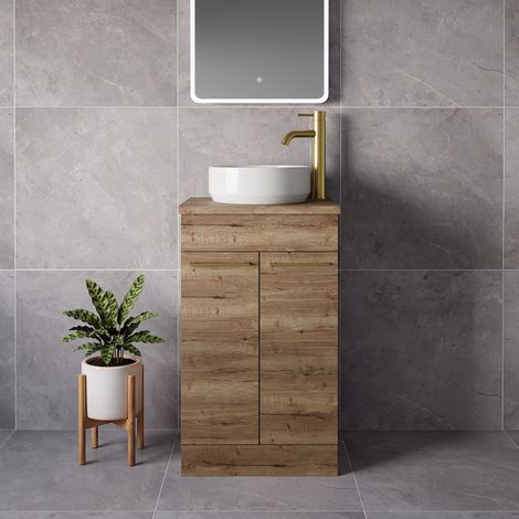 Napoli 390 Tobacco Oak 500mm 2 Door Vanity Unit for Countertop Basins - 500mm - Brushed Brass 160mm Handle