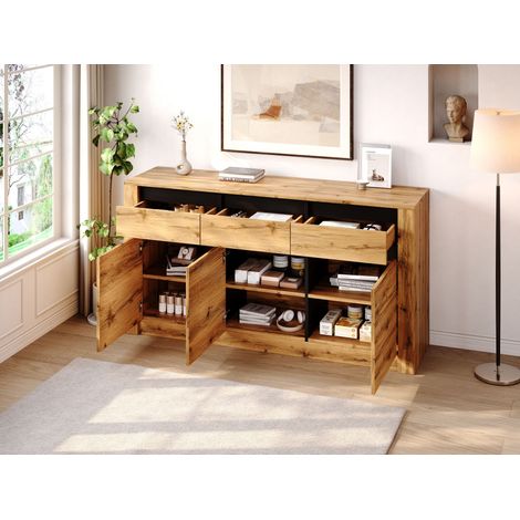 Buffet 140×35×70cm en panneau de particules, commode moderne pour salon, meuble avec 9 espaces de rangement, meuble d'appoint couleur bois naturel avec 3 tiroirs & compartiments, (1/5)