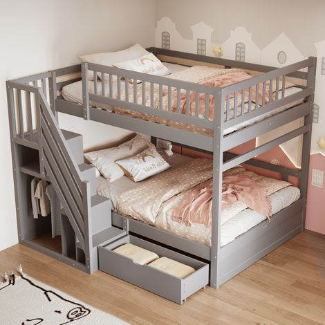 Litera infantil 140x200 cm con almacenaje, escalera segura y cajones, gris HAVRYA (1/5)