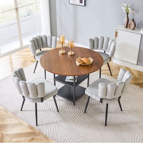Conjunto comedor mesa redonda con 4 sillas y estantes OKMYHOME (1/5)