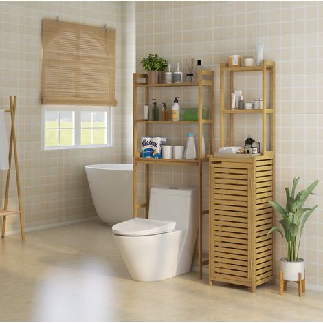 Étagère de toilette en bambou naturel 68 cm avec 3 niveaux de rangement et fixation anti-basculement (1/5)