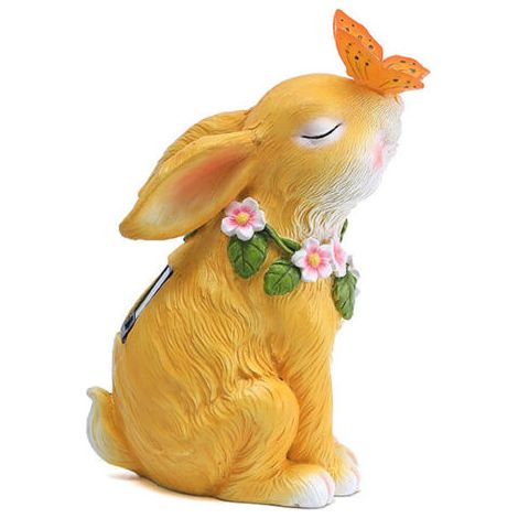 QORVA- Statues de jardin solaires lapins avec papillons charge solaire peintes à la main en résine synthétique lumières jaunes