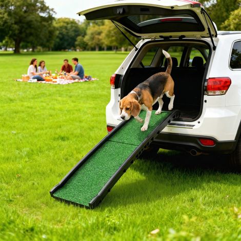 Rampa para Perros con Césped Artificial 155 cm Rampa para Perros para Coche Plegable con Asa Ángulo Ajustable Verde (1/5)
