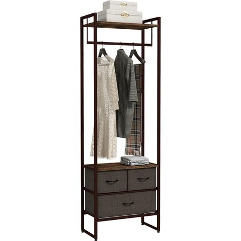 Portant à vêtements, porte-manteau, penderie vêtement avec 3 tiroirs en tissu, étagères de rangement et tringle de suspension, pour entrée, chambre, 58,5 x 30 x 178 cm,marron