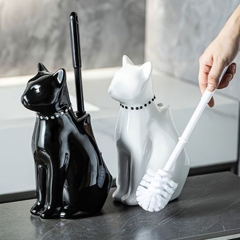 Brosse WC - Céramique Émaillée - Long Manche - Motif Chat Noir Et Blanc - Pour Salle De Bain - 1 Pièce (1/5)
